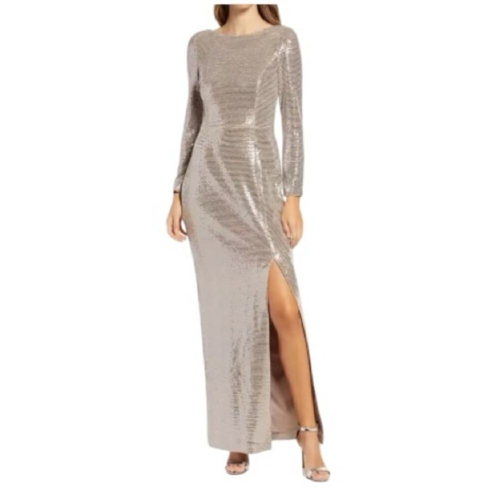 Eliza‎ J Gown Champagne Sequin Long Sleeve Dress with Leg Slit Size 8